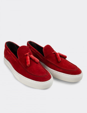 Hakiki Süet Kırmızı Püsküllü Erkek Sneaker - 01836MKRMC01
