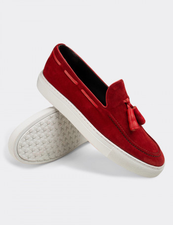 Hakiki Süet Kırmızı Püsküllü Erkek Sneaker - 01836MKRMC01