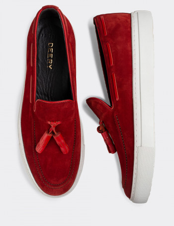 Hakiki Süet Kırmızı Püsküllü Erkek Sneaker - 01836MKRMC01