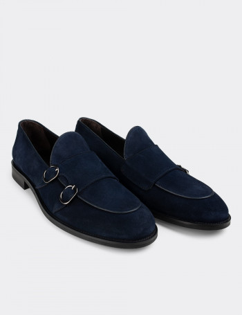Hakiki Süet Deri Mavi Çift Tokalı Klasik Erkek Loafer - 01844MMVIN01