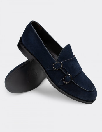 Hakiki Süet Deri Mavi Çift Tokalı Klasik Erkek Loafer - 01844MMVIN01