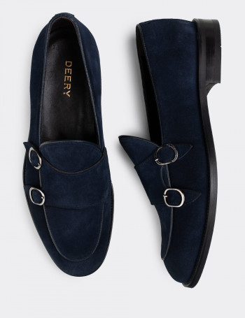 Hakiki Süet Deri Mavi Çift Tokalı Klasik Erkek Loafer - 01844MMVIN01