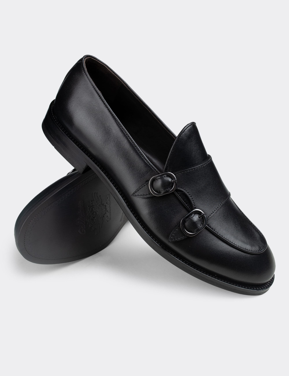 Hakiki Deri Siyah Çift Tokalı Klasik Erkek Loafer - 01844MSYHN01