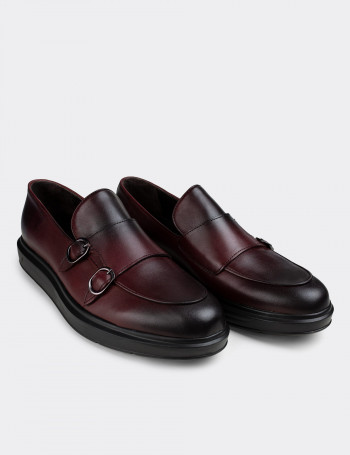 Hakiki Deri Bordo Çift Tokalı Erkek Comfort Loafer - 01843MBRDP01