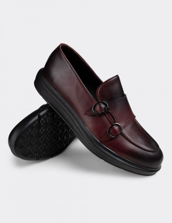 Hakiki Deri Bordo Çift Tokalı Erkek Comfort Loafer - 01843MBRDP01