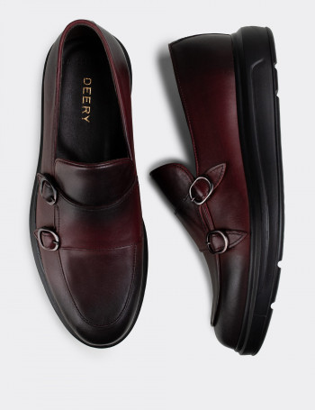 Hakiki Deri Bordo Çift Tokalı Erkek Comfort Loafer - 01843MBRDP01