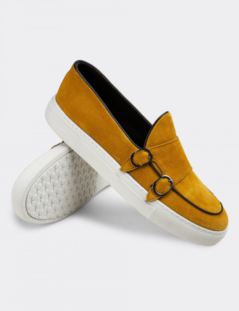 Hakiki Süet Sarı Çift Tokalı Erkek Sneaker - 01846MSRIC01