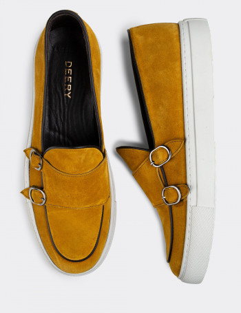 Hakiki Süet Sarı Çift Tokalı Erkek Sneaker - 01846MSRIC01