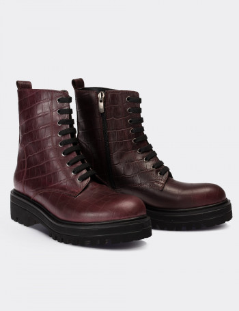 Hakiki Deri Bordo Kadın Bot - 01814ZBRDE03