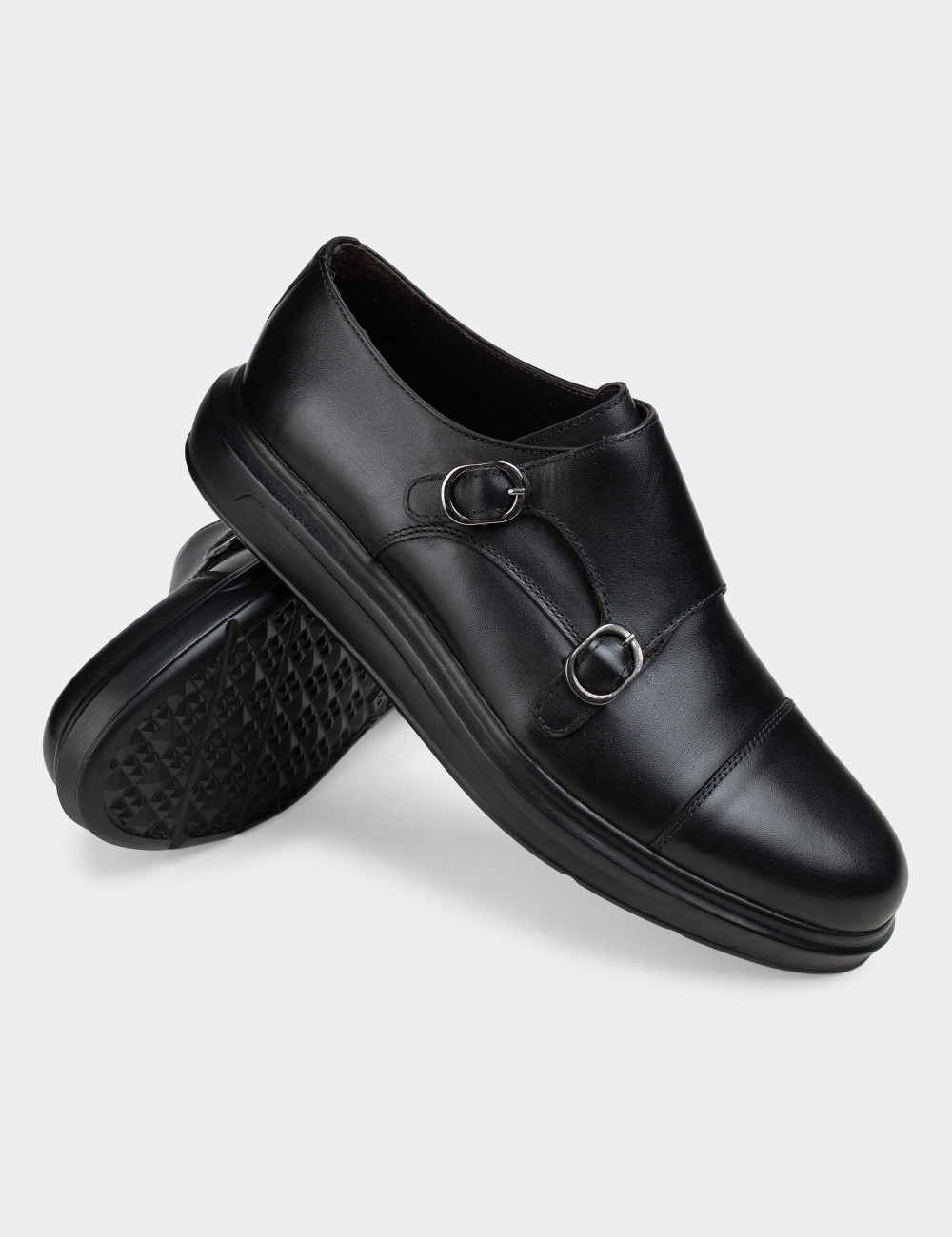 Hakiki Deri Siyah Çift Tokalı Günlük Erkek Ayakkabı - 01838MSYHP01