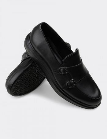 Hakiki Deri Siyah Çift Tokalı Erkek Loafer - 01843MSYHP02