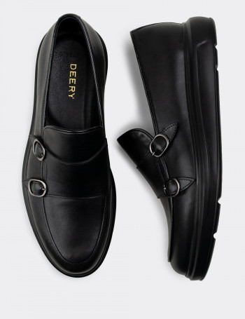 Hakiki Deri Siyah Çift Tokalı Erkek Loafer - 01843MSYHP02