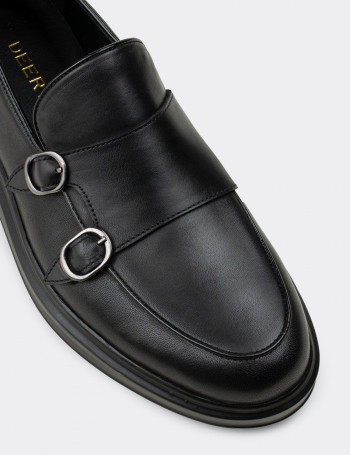 Hakiki Deri Siyah Çift Tokalı Erkek Loafer - 01843MSYHP02