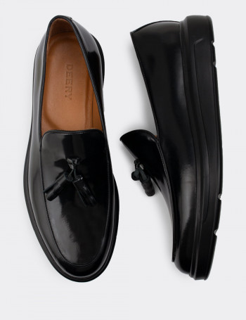 Hakiki Deri Siyah Comfort Püsküllü Erkek Loafer - 01840MSYHP02