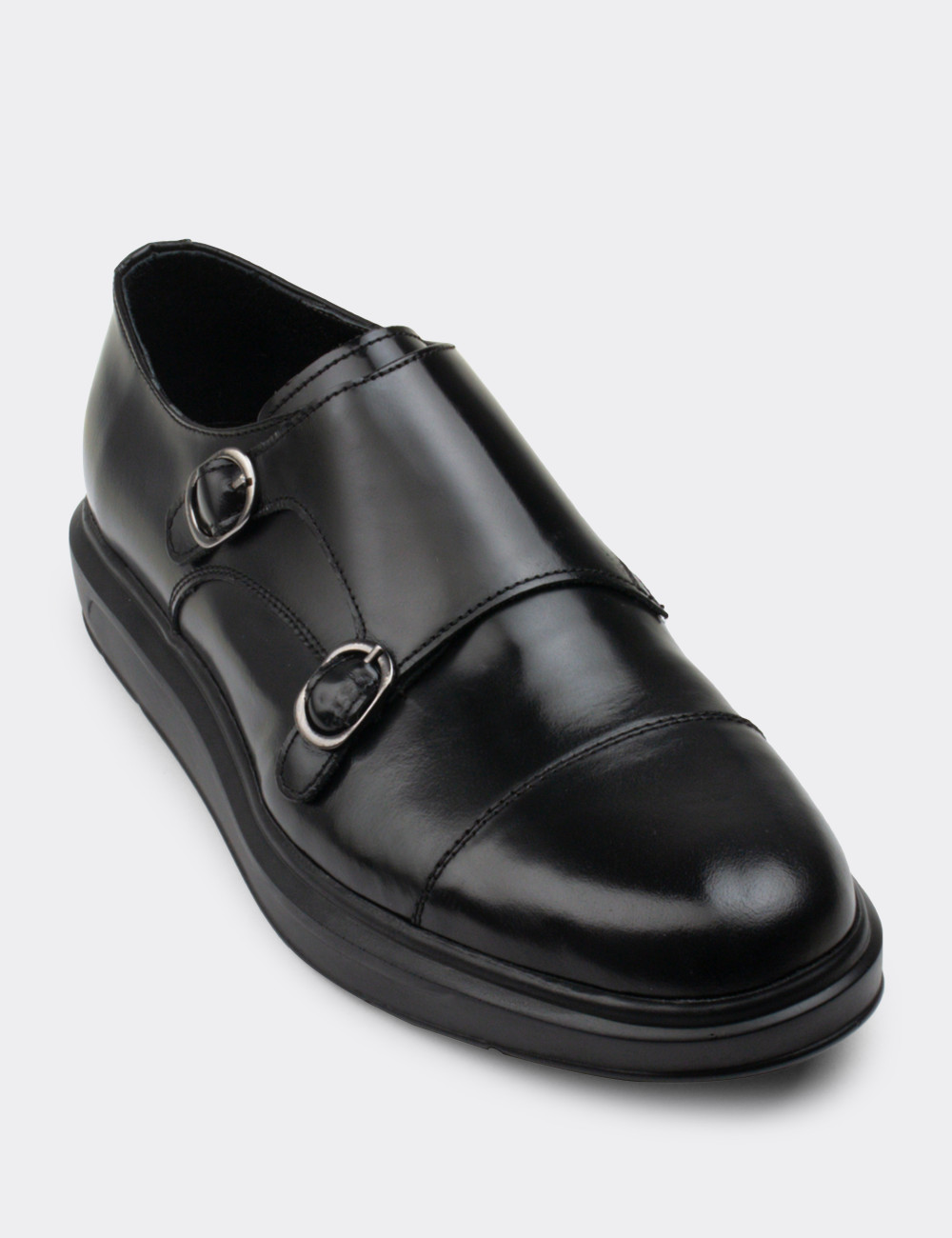 Hakiki Deri Siyah Çift Tokalı Günlük Erkek Ayakkabı - 01838MSYHP03