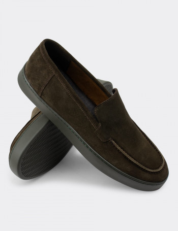 Hakiki Süet Haki Loafer Erkek Ayakkabı - 01865MHAKC01