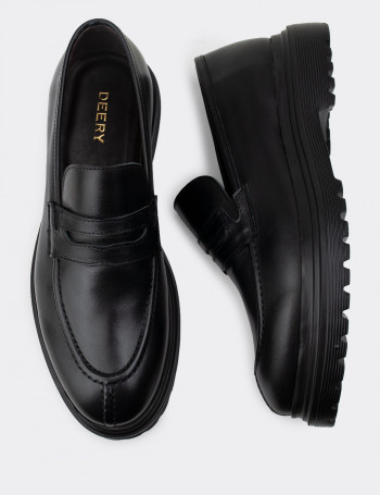 Hakiki Deri Siyah Loafer Erkek Ayakkabı - 01878MSYHE02