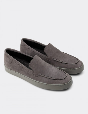 Hakiki Süet Gri Loafer Erkek Ayakkabı - 01865MGRIC01