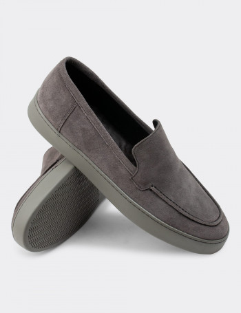 Hakiki Süet Gri Loafer Erkek Ayakkabı - 01865MGRIC01