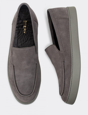 Hakiki Süet Gri Loafer Erkek Ayakkabı - 01865MGRIC01