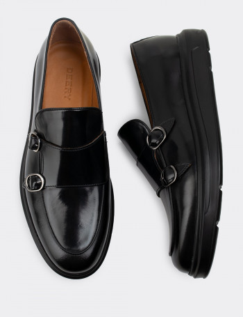 Hakiki Deri Siyah Comfort Çift Tokalı Erkek Loafer - 01843MSYHP03