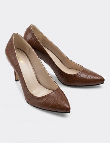 Kahverengi Kroko Stiletto Kadın Topuklu Ayakkabı - 02029ZKHVM01