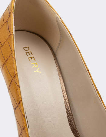 Sarı Kroko Stiletto Kadın Topuklu Ayakkabı - 02029ZSRIM05