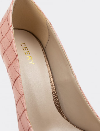 Pembe Kroko Stiletto Kadın Topuklu Ayakkabı - 02029ZPMBM04