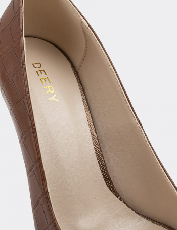 Kahverengi Kroko Stiletto Kadın Topuklu Ayakkabı - 02029ZKHVM01
