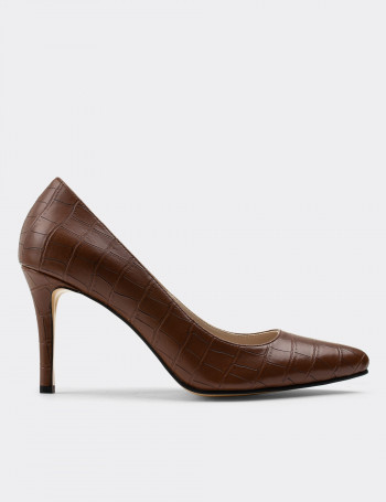 Kahverengi Kroko Stiletto Kadın Topuklu Ayakkabı - 02029ZKHVM01