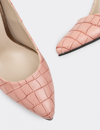 Pembe Kroko Stiletto Kadın Topuklu Ayakkabı - 02029ZPMBM04