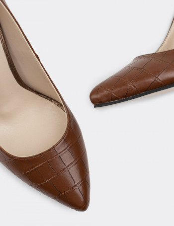 Kahverengi Kroko Stiletto Kadın Topuklu Ayakkabı - 02029ZKHVM01