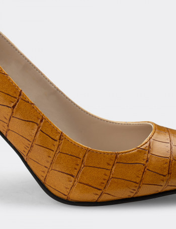 Sarı Kroko Stiletto Kadın Topuklu Ayakkabı - 02029ZSRIM05