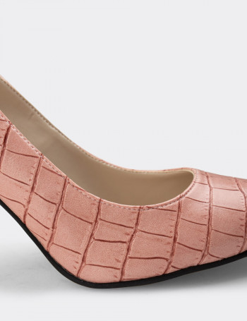 Pembe Kroko Stiletto Kadın Topuklu Ayakkabı - 02029ZPMBM04