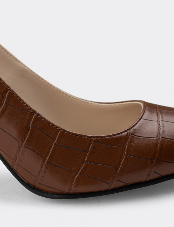 Kahverengi Kroko Stiletto Kadın Topuklu Ayakkabı - 02029ZKHVM01
