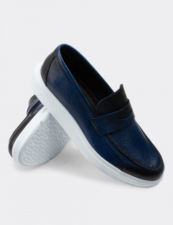Hakiki Deri Mavi Comfort Erkek Loafer - 01564MMVIP12