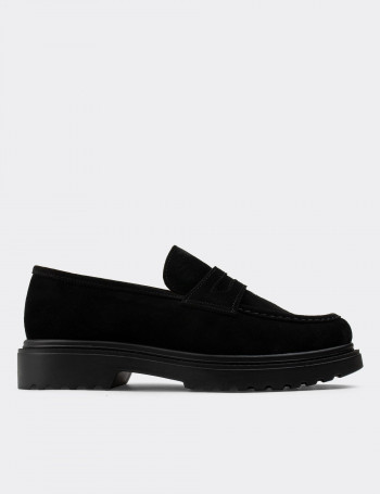 Hakiki Süet Siyah Loafer Kadın Ayakkabı - 01903ZSYHP01