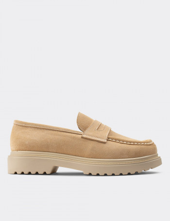 Hakiki Süet Bej Loafer Kadın Ayakkabı - 01903ZBEJP01