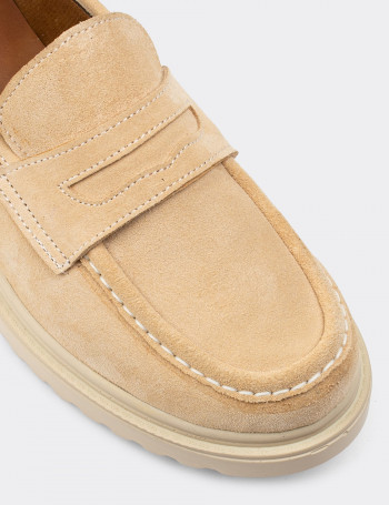 Hakiki Süet Bej Loafer Kadın Ayakkabı - 01903ZBEJP01