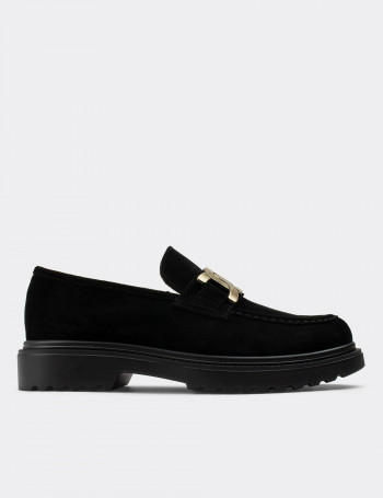 Hakiki Süet Siyah Tokalı Kadın Loafer - 01902ZSYHP01