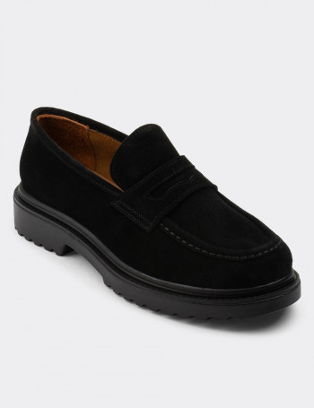Hakiki Süet Siyah Loafer Kadın Ayakkabı - 01903ZSYHP01