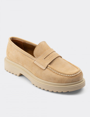 Hakiki Süet Bej Loafer Kadın Ayakkabı - 01903ZBEJP01