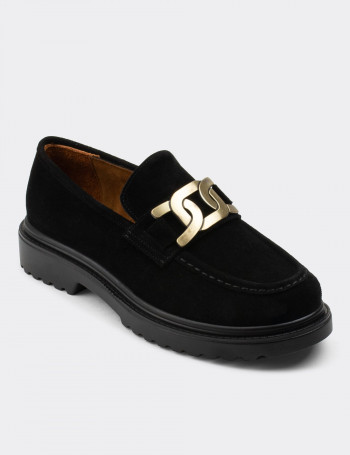 Hakiki Süet Siyah Tokalı Kadın Loafer - 01902ZSYHP01