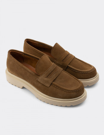 Hakiki Süet Vizon Rengi Loafer Kadın Ayakkabı - 01903ZVZNP02