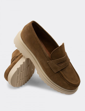 Hakiki Süet Vizon Rengi Loafer Kadın Ayakkabı - 01903ZVZNP02