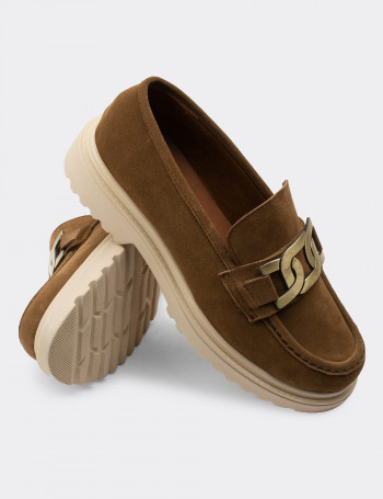 Hakiki Süet Vizon Rengi Tokalı Loafer Kadın Ayakkabı - 01902ZVZNP01