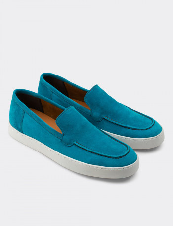 Hakiki Süet Turkuaz Rengi Loafer Erkek Ayakkabı - 01865MTRKC01