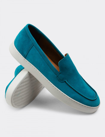 Hakiki Süet Turkuaz Rengi Loafer Erkek Ayakkabı - 01865MTRKC01