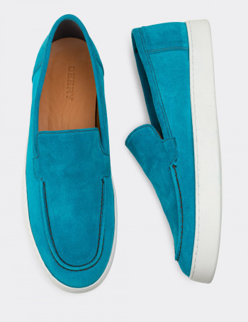 Hakiki Süet Turkuaz Rengi Loafer Erkek Ayakkabı - 01865MTRKC01