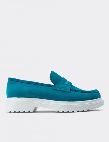Hakiki Süet Turkuaz Rengi Loafer Kadın Ayakkabı - 01903ZTRKP01